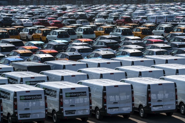 Car terminal in the inland port Logport I, in Duisburg on the Rhine, vehicle handling of new cars,