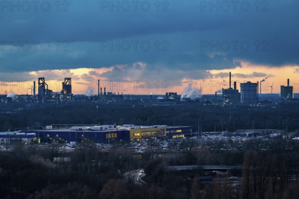 Skyline of the steel location Duisburg, Thyssenkrupp Steel Europe, in Duisburg-Bruckhausen, sunset,