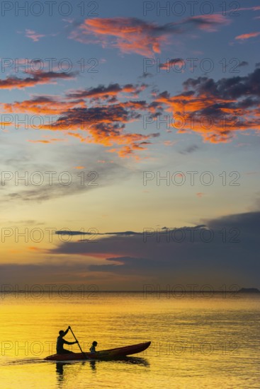 Canoe in sunset, sunset, horizon, evening light, boat, sun, evening mood, cloudy sky, colourful,