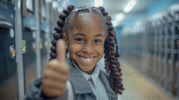 Cute african american school girl giving a thumbs up in the hallway of her school. generative AI,