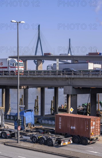 The Köhlbrand Bridge in the Port of Hamburg, rear, front trucks on the Waltershoferdam, access to