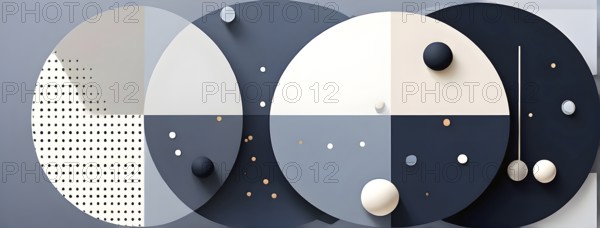 Minimalist composition of overlapping geometric shapes, such as circles, squares, and triangles,