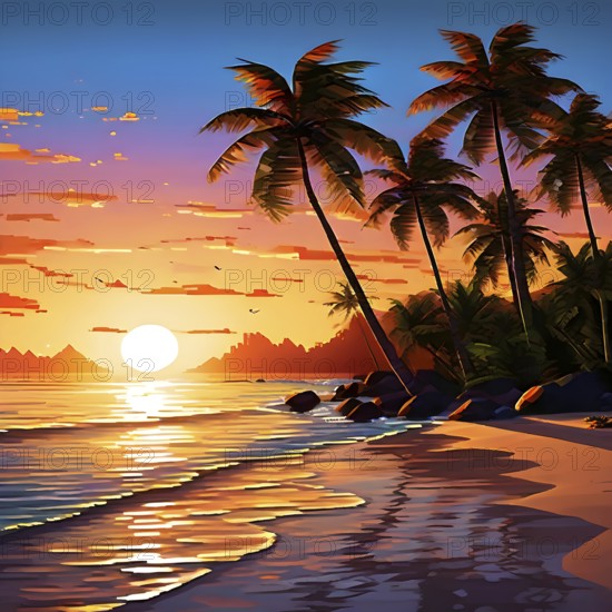 Pixel art illustration of a tropical island paradise with palm trees and sandy beach, AI generated