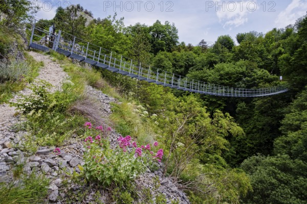 Ponte tibetano, Tibetan suspension bridge near Roccamandolfii in the Isernia region. Molise, Italy,