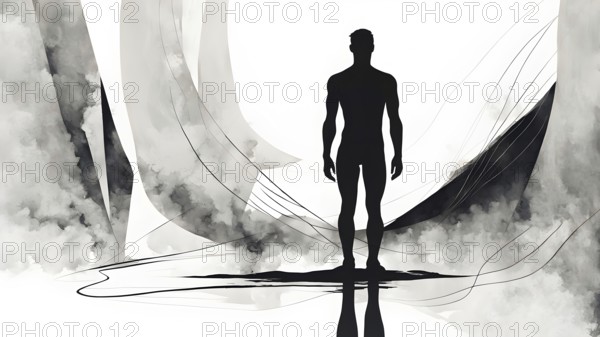 Minimalist rendering showcasing a lone man as symbol for human resilience, AI generated
