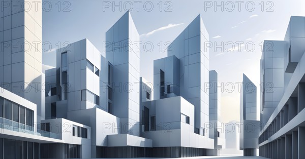 Minimalist architectural composition of modern buildings, with clean angles, rendered in geometric