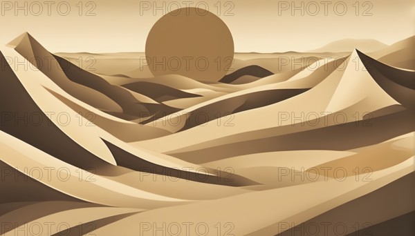 Abstract desert scene with triangular sand dunes and a single circular sun, using sharp lines and