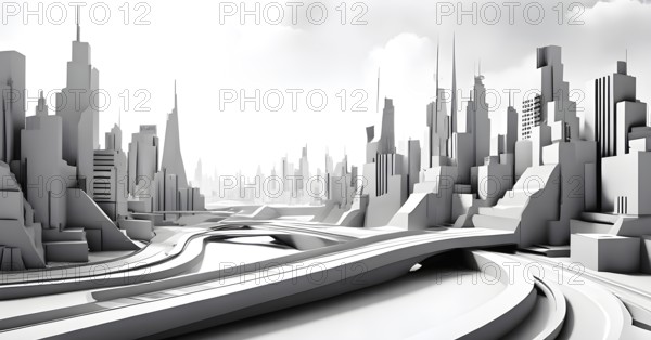 Modern city skyline using clean lines and geometric forms, with rectangular buildings and smooth,