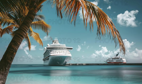 A large cruise ship is docked at the beach. The ship is white and is surrounded by a blue ocean.
