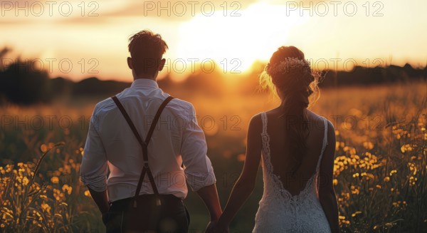 Affectionate romantic couple hugging at sunset during honeymoon in wedding dress, AI generated