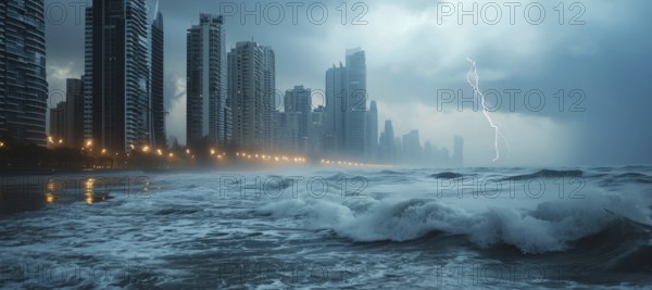 Hurricane destroys city shore, infrastructure and causing damage and floods, AI generated
