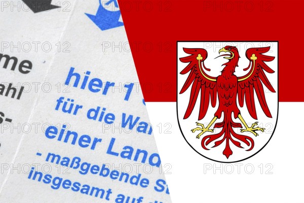 Symbolic image state election in Brandenburg: Flag of Brandenburg and close-up of a ballot paper.
