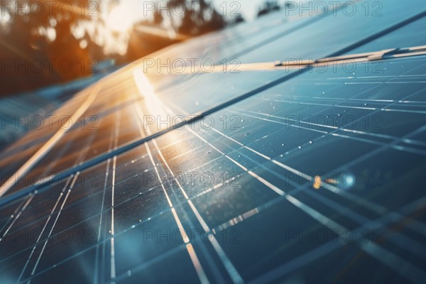Close up of solar energy panels win sunset sun in background. Generative Ai, AI generated
