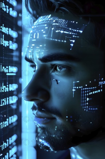 3d digital facial recognition displaying a male face with overlaid ai biometric data, AI generated