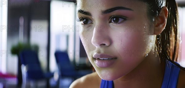 Portrait of sweating woman after workout, AI generated