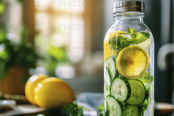 Bottle with healthy cucumber and lemon slices and mint detox drink. Generative Ai, AI generated