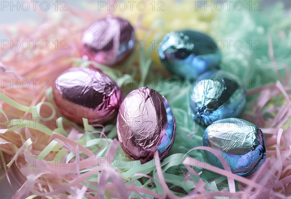 Small chocolate Easter eggs wrapped in shiny foil, placed on a bed of shredded pastel-colored
