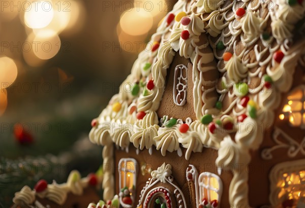 Gingerbread house decorations, focusing on the intricate icing details, colorful candy, and soft,