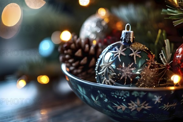 Christmas tree ornaments in a bowl, featuring a mix of glass baubles, pine cones, and fairy lights,