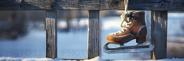 Pair of vintage ice skates hanging by their laces on an old wooden fence with frost and snow gently