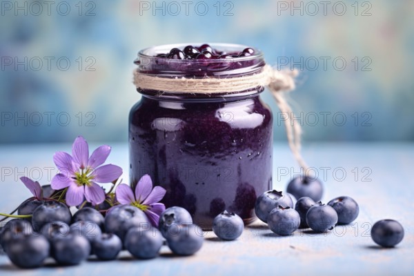 Jar with blueberry jam. KI generiert, generiert AI generated