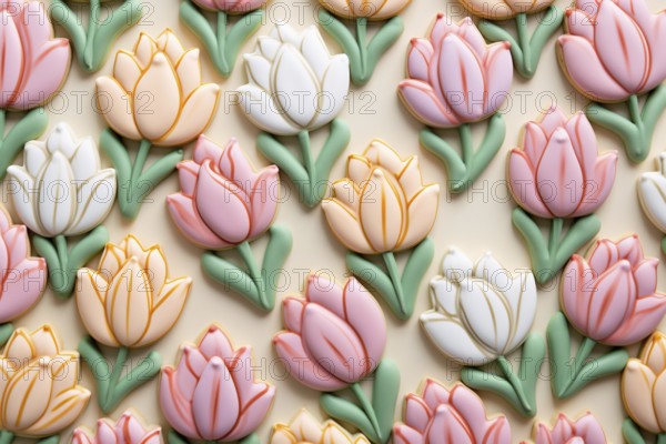 Top view of seasonal cookies in shape of tulip spring flowers with sugar icing. KI generiert,