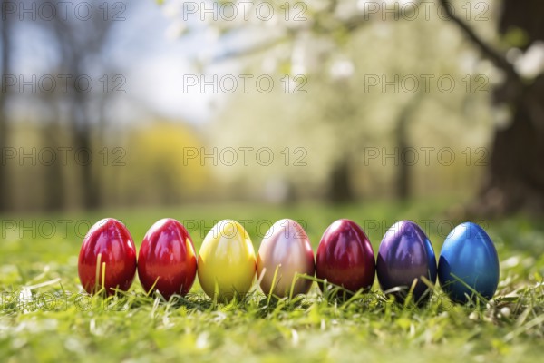 Colorful shiny easter eggs in a row in grass. KI generiert, generiert AI generated