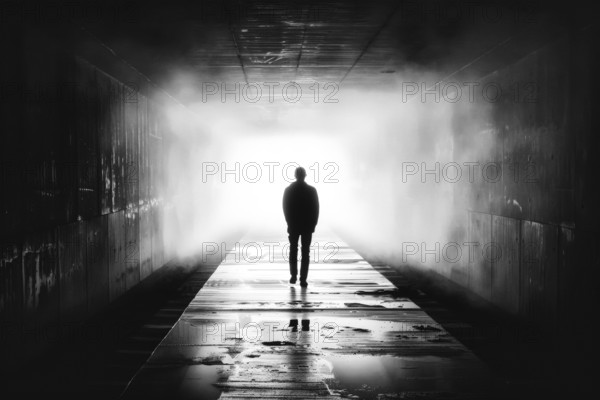 Silhouette of a man standing in a tunnel, light at the end of the tunnel, symbolic image for
