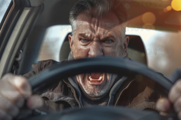 Angry, unnerved, aggressive, screaming man sitting behind the wheel, symbolic image for aggressive