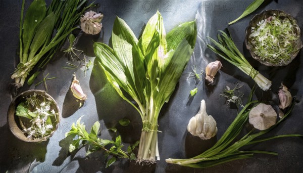 Various fresh herbs and vegetables artfully arranged on a surface with shadow play, wild garlic,