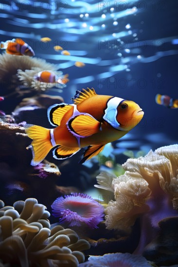 Clownfish darting among the tentacles of their host anemones in a saltwater reef tank, AI generated