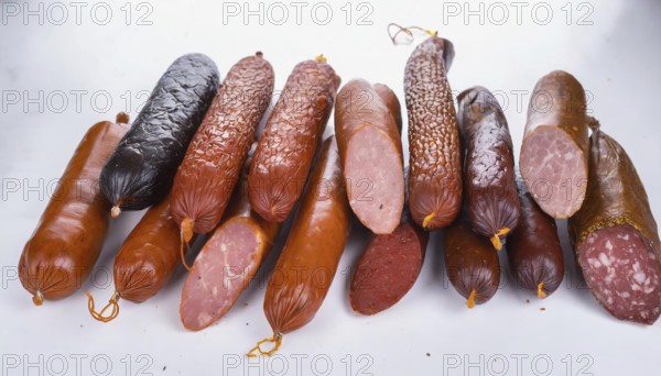 Food, meat products, various smoked sausages on a white surface AI generated, AI generated