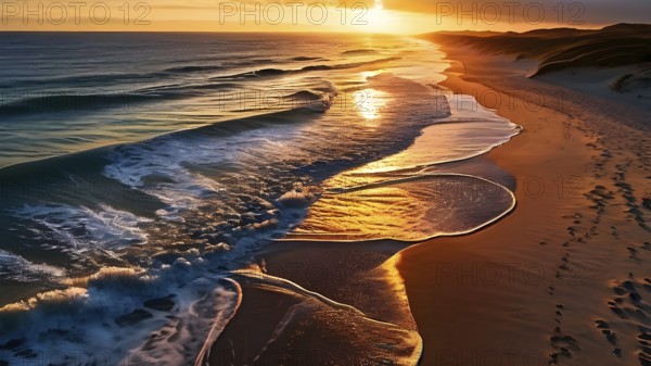 Aerial view of Sunset mood on a whispering tranquil costal landscape with sandy beach, AI generated