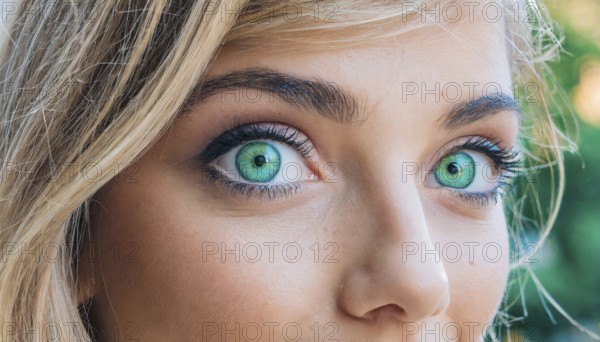 Close-up of a female face with blonde hair and intense green eyes, natural background, AI