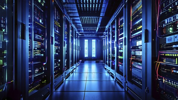 Modern server room filled with racks of computers and intricate installations, AI generated