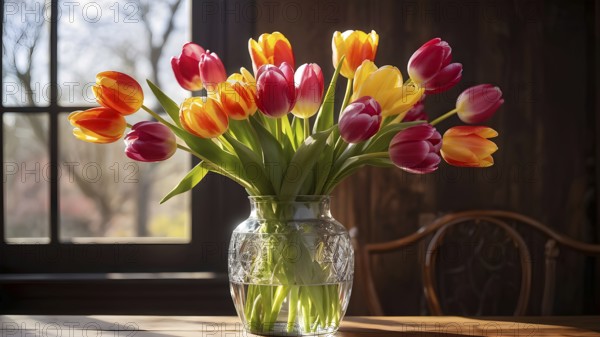 Vase of vibrant tulips aligned on an aged oak wood table, AI generated