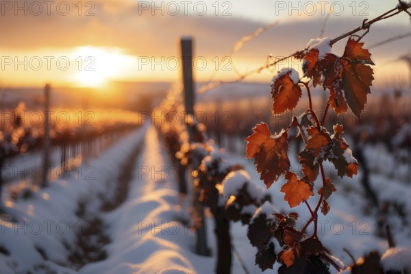 AI generated close up of winter in the vineyard with snow blankets dormant vines and ambient light