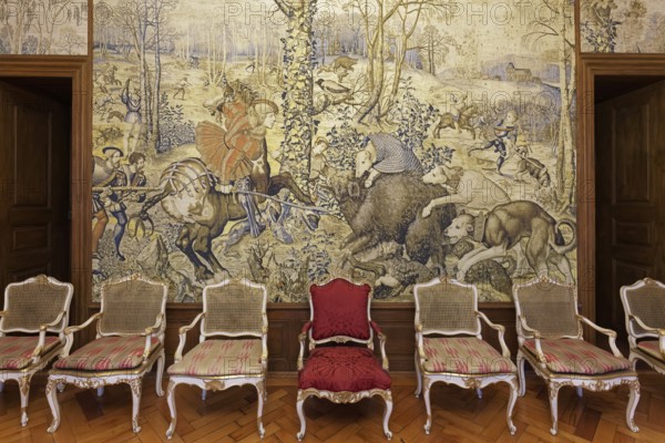 New Meersburg Castle, Audience Room with tapestry of Emperor Maximilian II hunting, Meersburg,