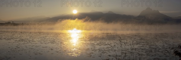Sunrise at Lake Hopfensee near Füssen, behind Hopfen am See, the Tegelberg massif and the Säuling,
