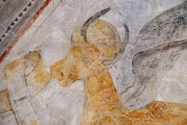 Bull, early Gothic mural painting in the ribbed vault, chancel of the Romanesque St Michael's