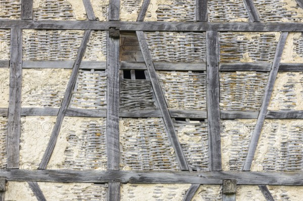 Old historic half-timbered house, gable, façade, in need of renovation, Swabian Alb,