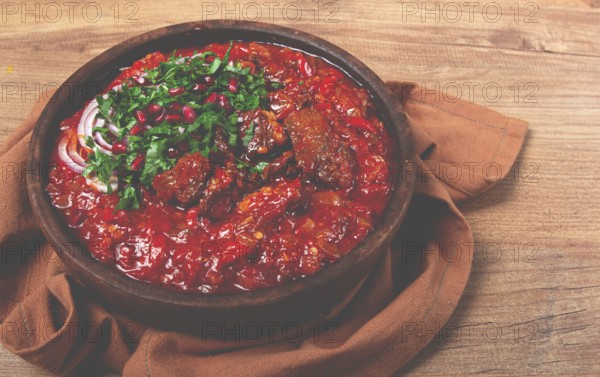 Chashushuli, a traditional Georgian dish, spicy, stewed meat with tomatoes and spices, homemade, no