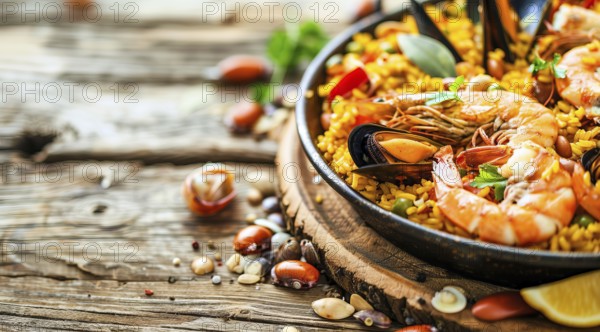 Authentic seafood paella senyoret on a wooden table., AI generated