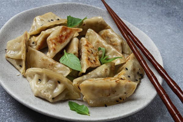 Japanese fried dumplings, gyoza, sesame seeds, top view, no people