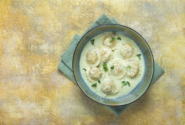 Ravioli in cream sauce, spices and herbs, top view, no people