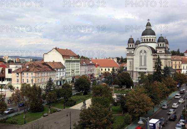 City of Targu Mures, buildings along the Piata Trandafirilor, on the elongated Rose Square, city