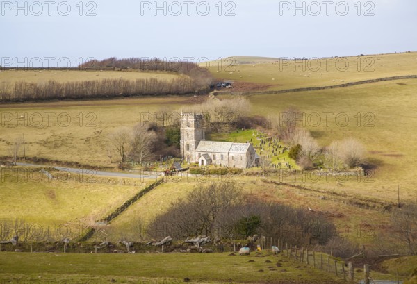 St Brendan's parish church standing alone in Exmoor national park hills, Brendon, Devon, England,