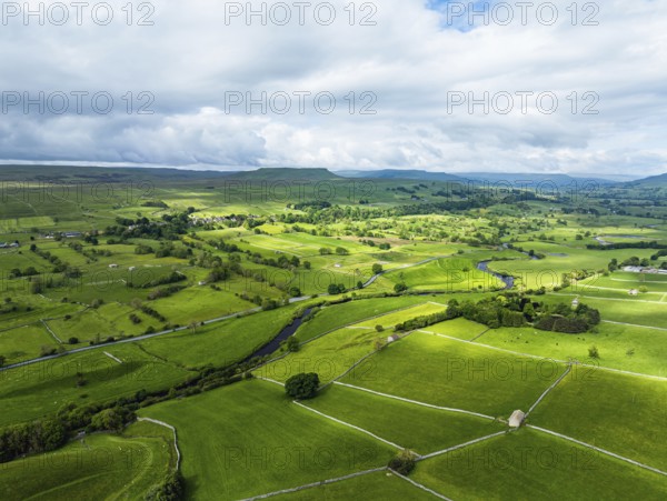 Farms and Fields over Yorkshire Dales National Park from a dron, North Yorkshire, England, United