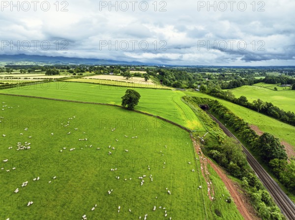 Farms and Fields over River Eden and River Eamont from a drone, Cumbria, England, United Kingdom,