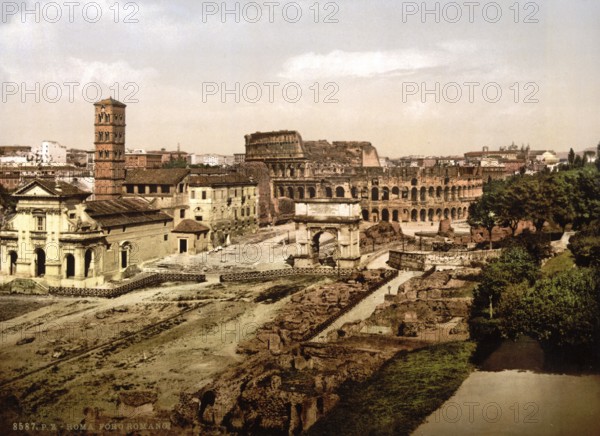 Roman Forum from the Palatine, Rome, Italy, Historic, digitally restored reproduction from a 19th